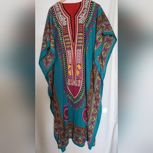 Vibrant Teal Multicolor Dashiki-Style Women OS Resort Kafton Dress